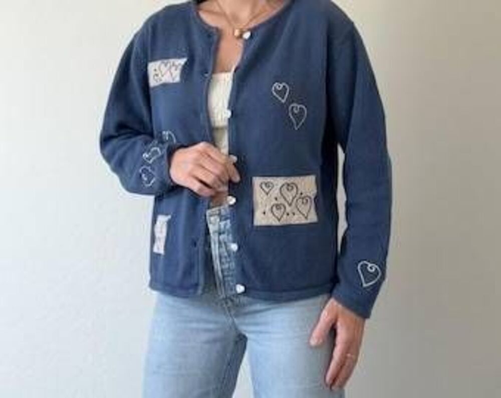 Christopher & Banks Vintage Y2K Blue Heart Patch Embroidered Cardigan Medium